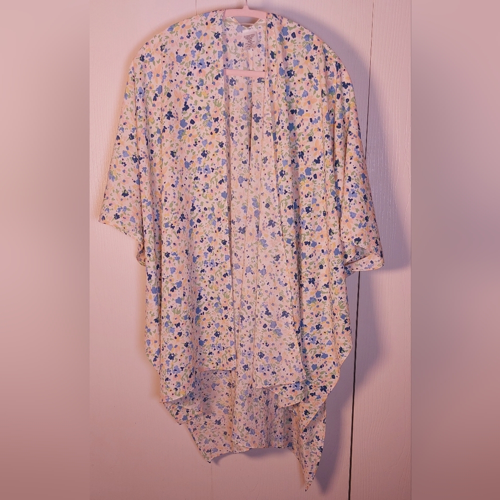 Colorful Floral Size OS Open-Front Kimono Cover-Up Poncho Flowy Drapy Boho - Picture 12 of 12